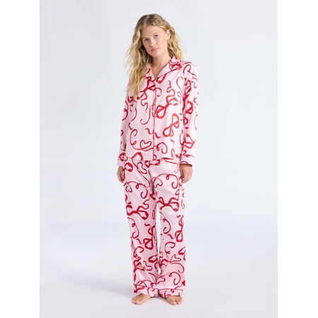 Joyspun Women’s Stretch Satin Notch Long Sleeve Top and Pants Pajama Set, 2-Piece, Sizes XS-3X