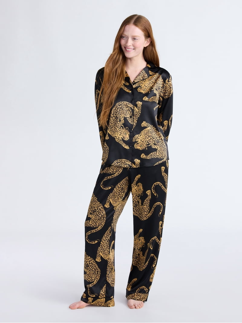 Joyspun Women's Stretch Satin Notch Long Sleeve Top and Pants