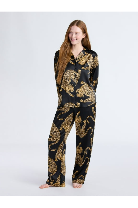 Women’s Stretch Satin Notch Long Sleeve Top and Pants Pajama Set, 2-Piece, Sizes XS-3X