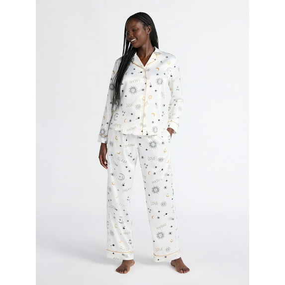 Joyspun Women’s Stretch Satin Notch Long Sleeve Top and Pant Pajama Set, Sizes XS to 3X