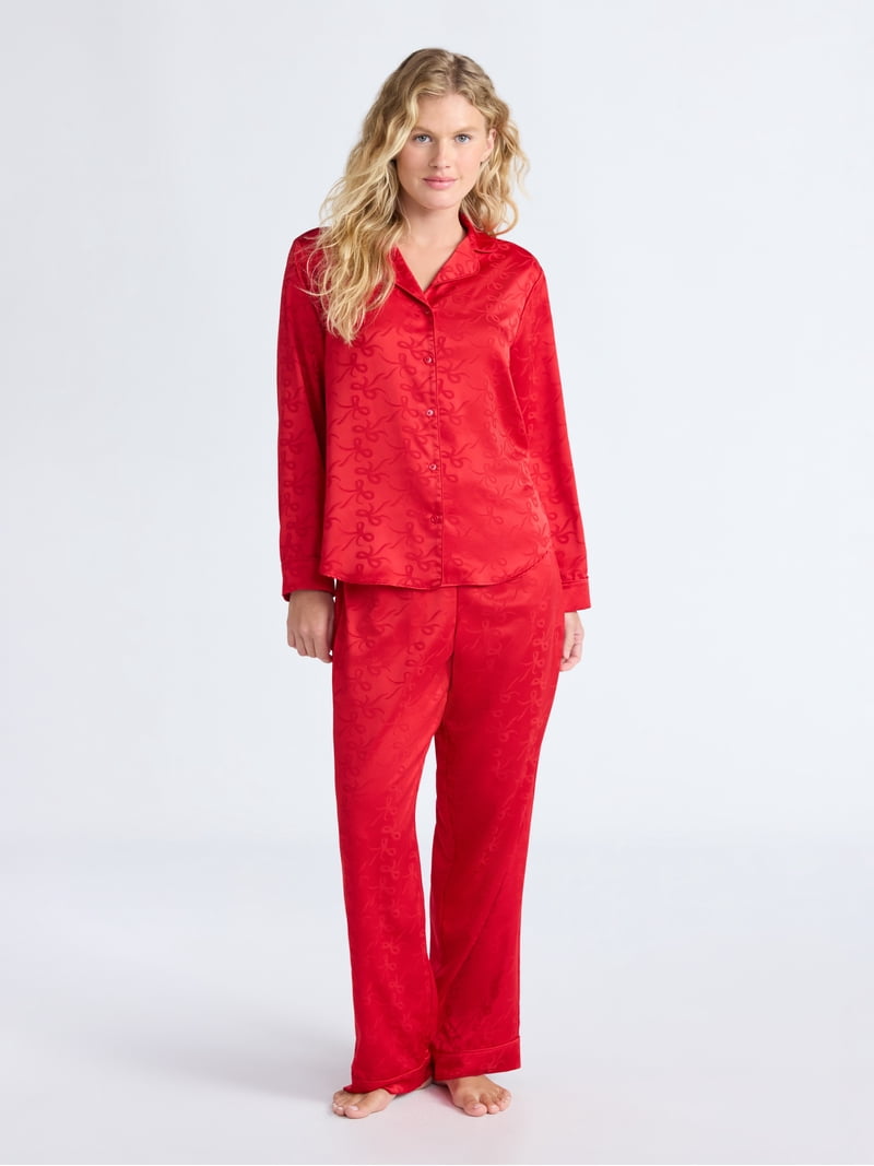 Joyspun Women's Stretch Satin Notch Long Sleeve Top and Pants