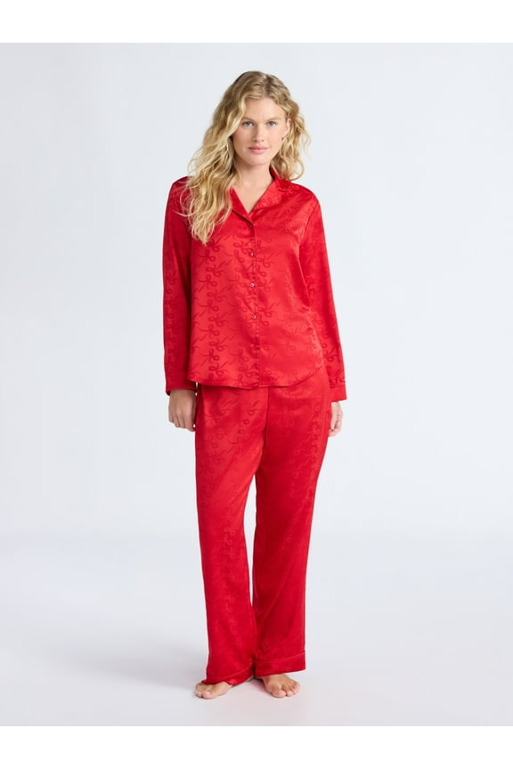 Women’s Stretch Satin Notch Long Sleeve Top and Pants Pajama Set, 2-Piece, Sizes XS-3X