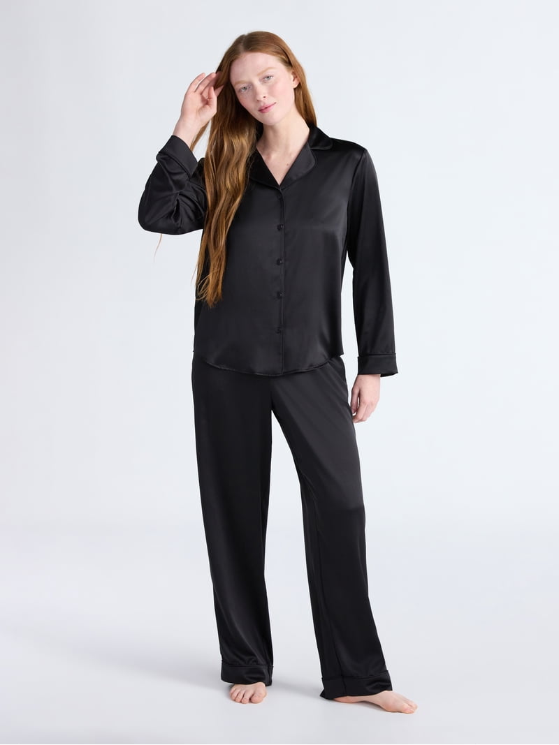 Joyspun Women's Stretch Satin Notch Long Sleeve Top and Pants