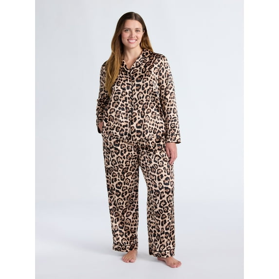 Joyspun Women’s Stretch Satin Notch Long Sleeve Top and Pants Pajama Set, 2-Piece, Sizes XS-3X