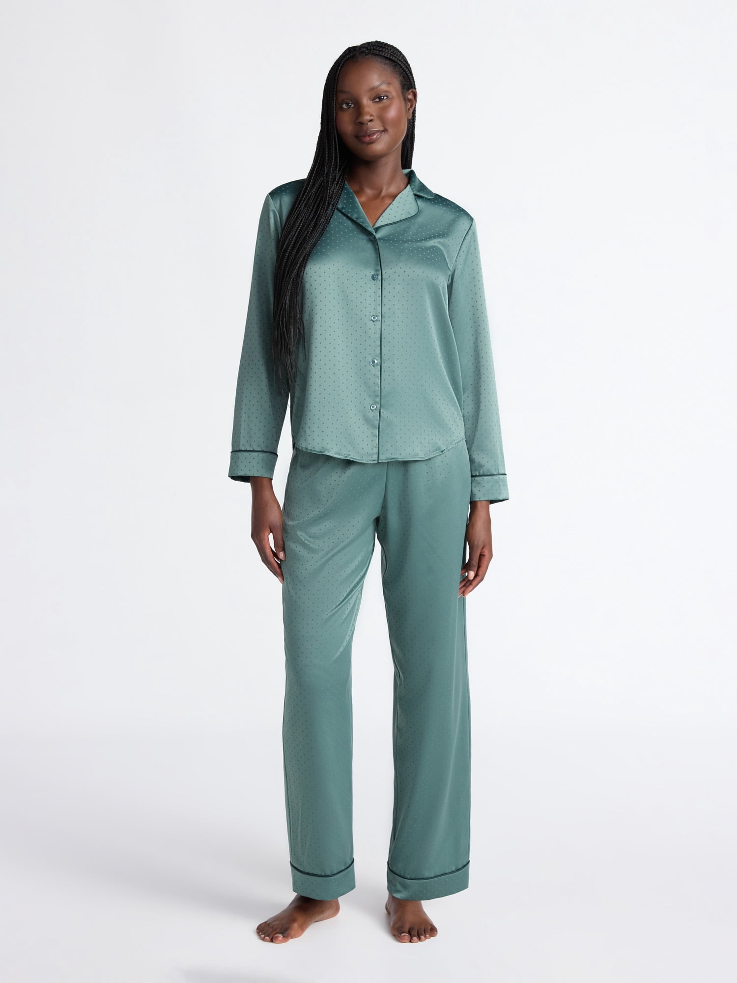 Joyspun Women’s Stretch Satin Notch Long Sleeve Top and Pant Pajama Set, Sizes XS to 3X