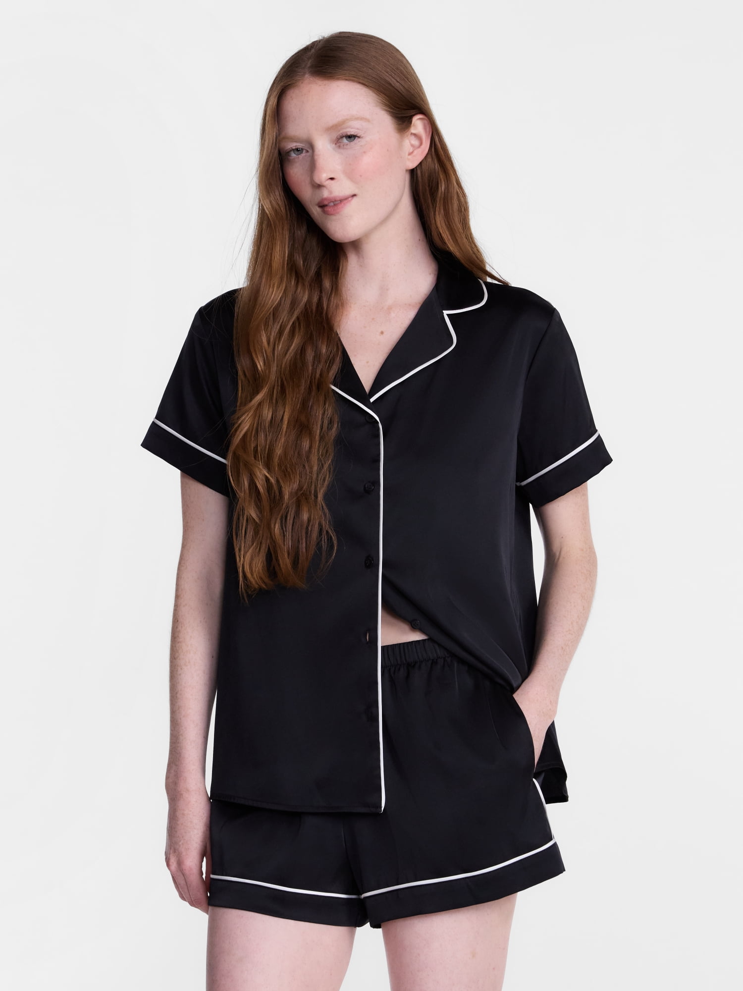 Joyspun Women’s Stretch Satin Sleep Top and Shorts, 2-Piece Set, Sizes XS to 3X