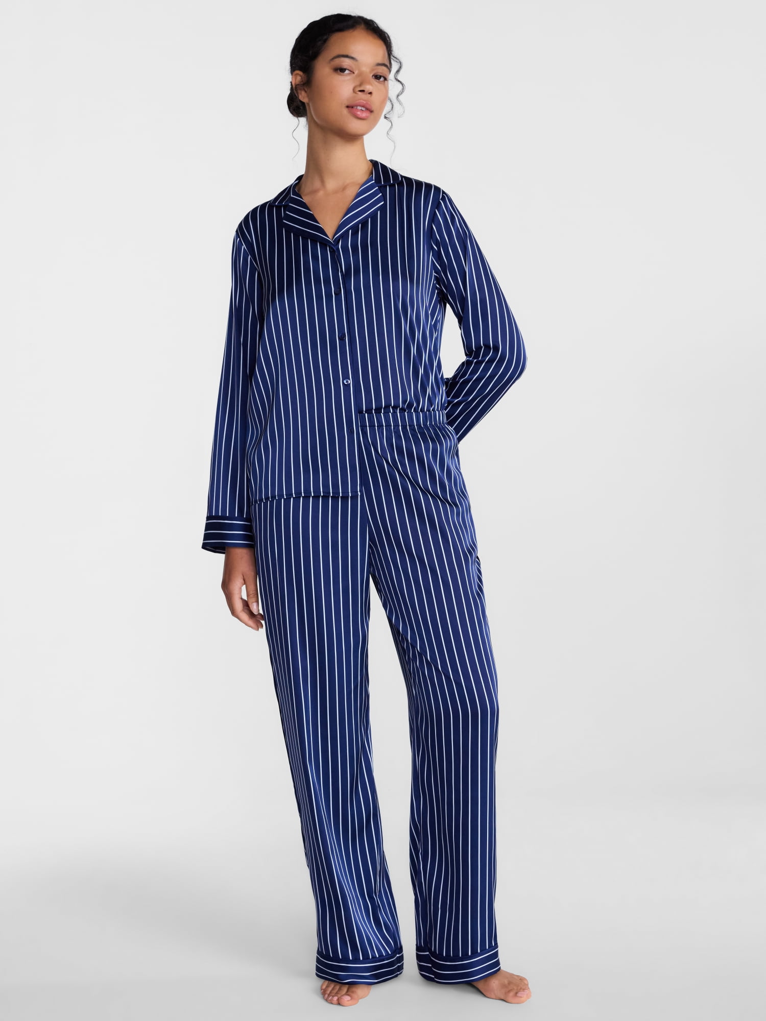 Joyspun Women’s Stretch Satin Sleep Top and Pants, 2-Piece Set, Sizes XS to 3X