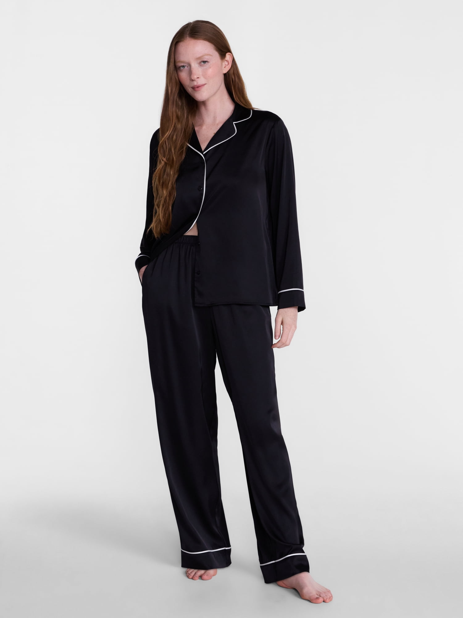 Joyspun Women’s Stretch Satin Sleep Top and Pants, 2-Piece Set, Sizes XS to 3X