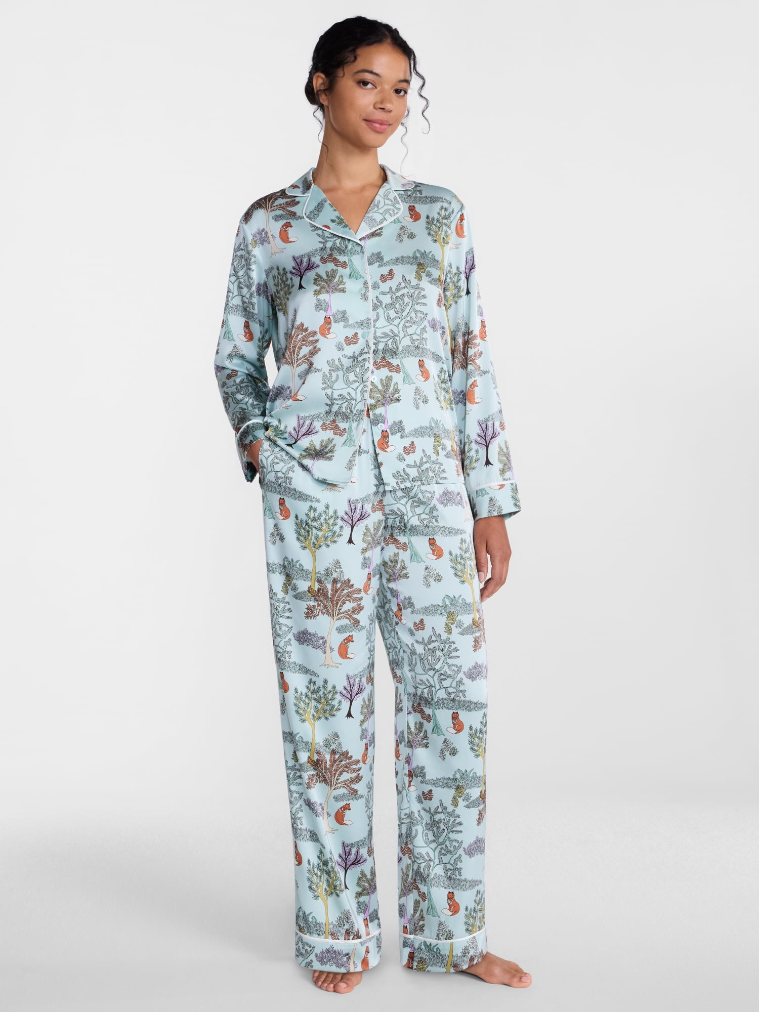 Joyspun Women’s Stretch Satin Sleep Top and Pants, 2-Piece Set, Sizes XS to 3X