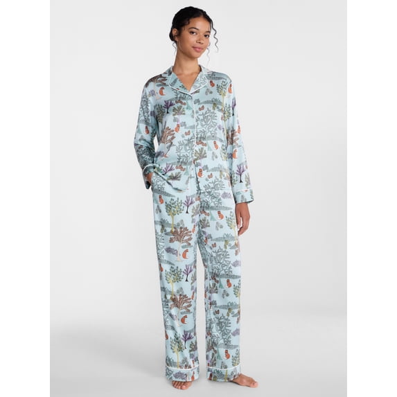 Joyspun Women’s Stretch Satin Sleep Top and Pants, 2-Piece Set, Sizes XS to 3X