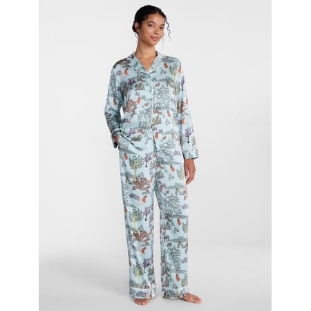 Joyspun Women’s Stretch Satin Sleep Top and Pants, 2-Piece Set, Sizes XS to 3X