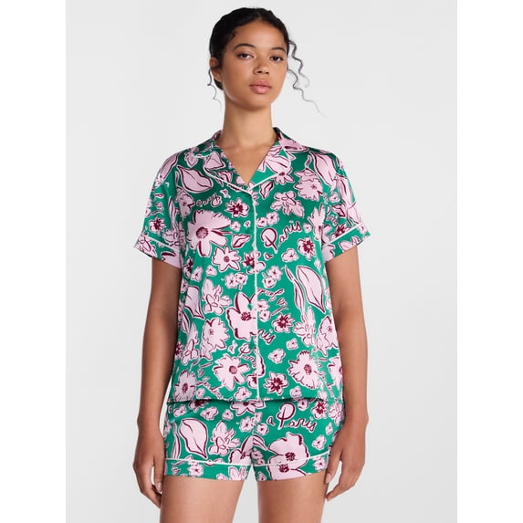 Joyspun Women’s Stretch Satin Sleep Top and Shorts, 2-Piece Set, Sizes XS to 3X