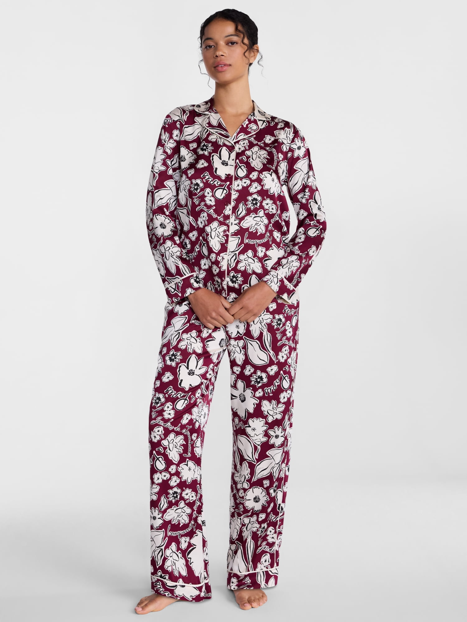 Joyspun Women’s Stretch Satin Sleep Top and Pants, 2-Piece Set, Sizes XS to 3X