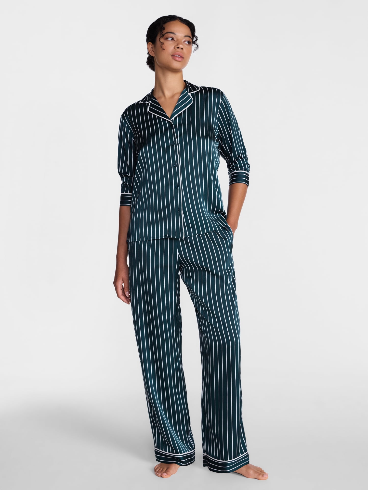 Joyspun Women’s Stretch Satin Sleep Top and Pants, 2-Piece Set, Sizes XS to 3X