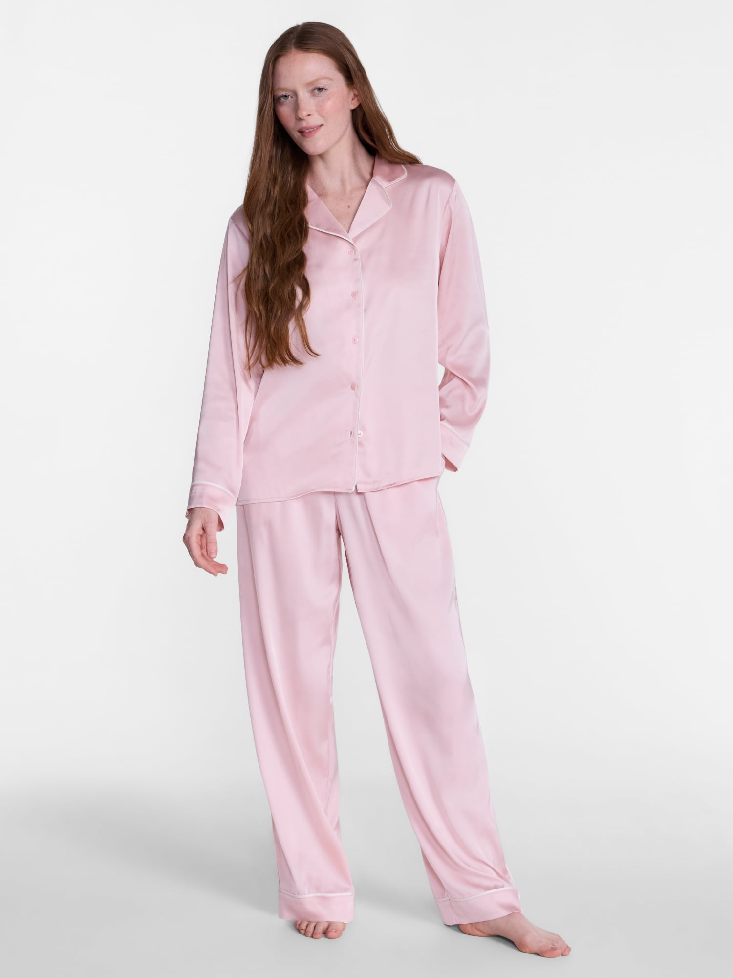Joyspun Women’s Stretch Satin Sleep Top and Pants, 2-Piece Set, Sizes XS to 3X