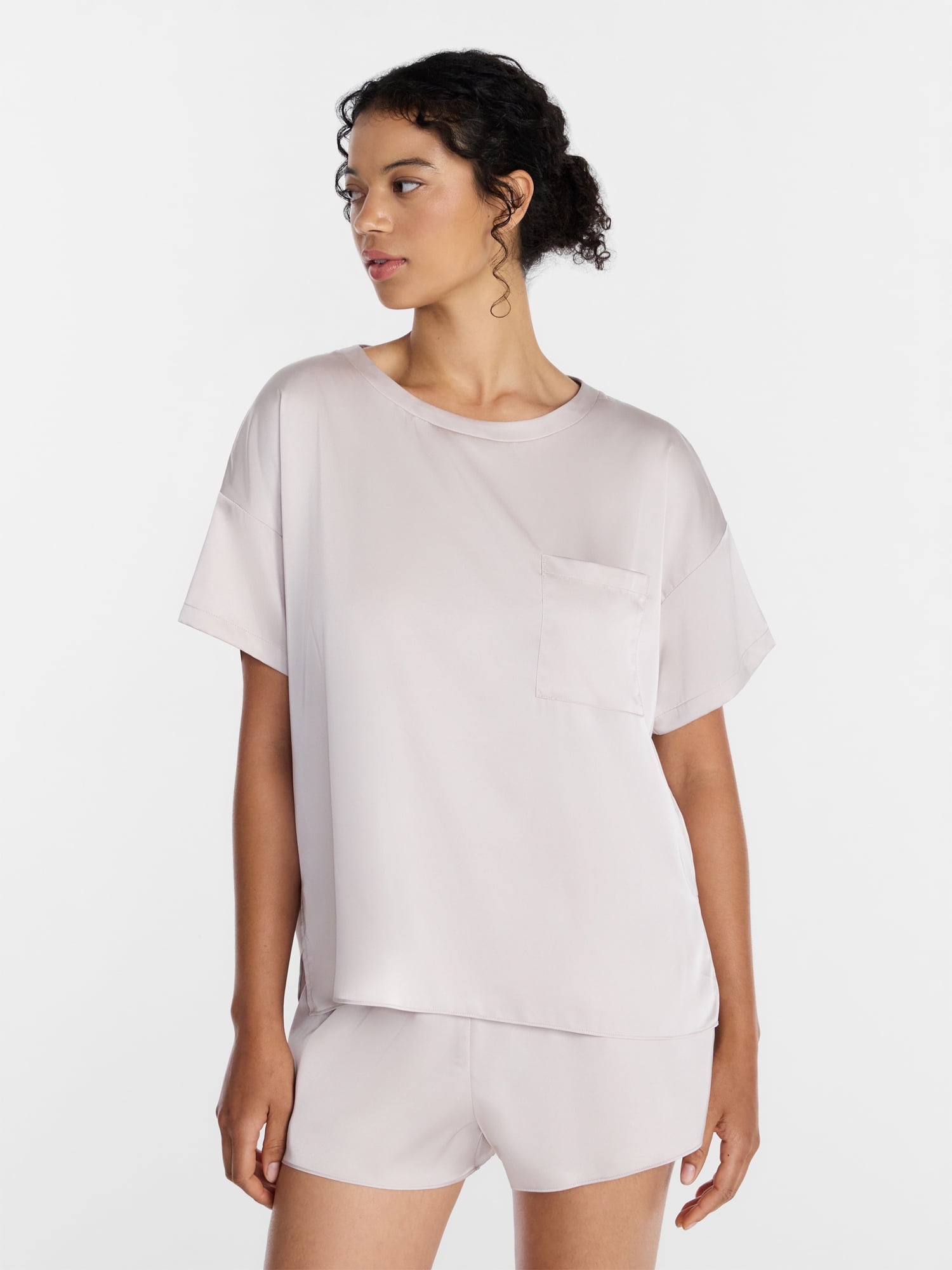 Joyspun Women’s Short Sleeve Stretch Satin Top and Shorts Pajama Set, 2-Piece, Sizes XS-3X