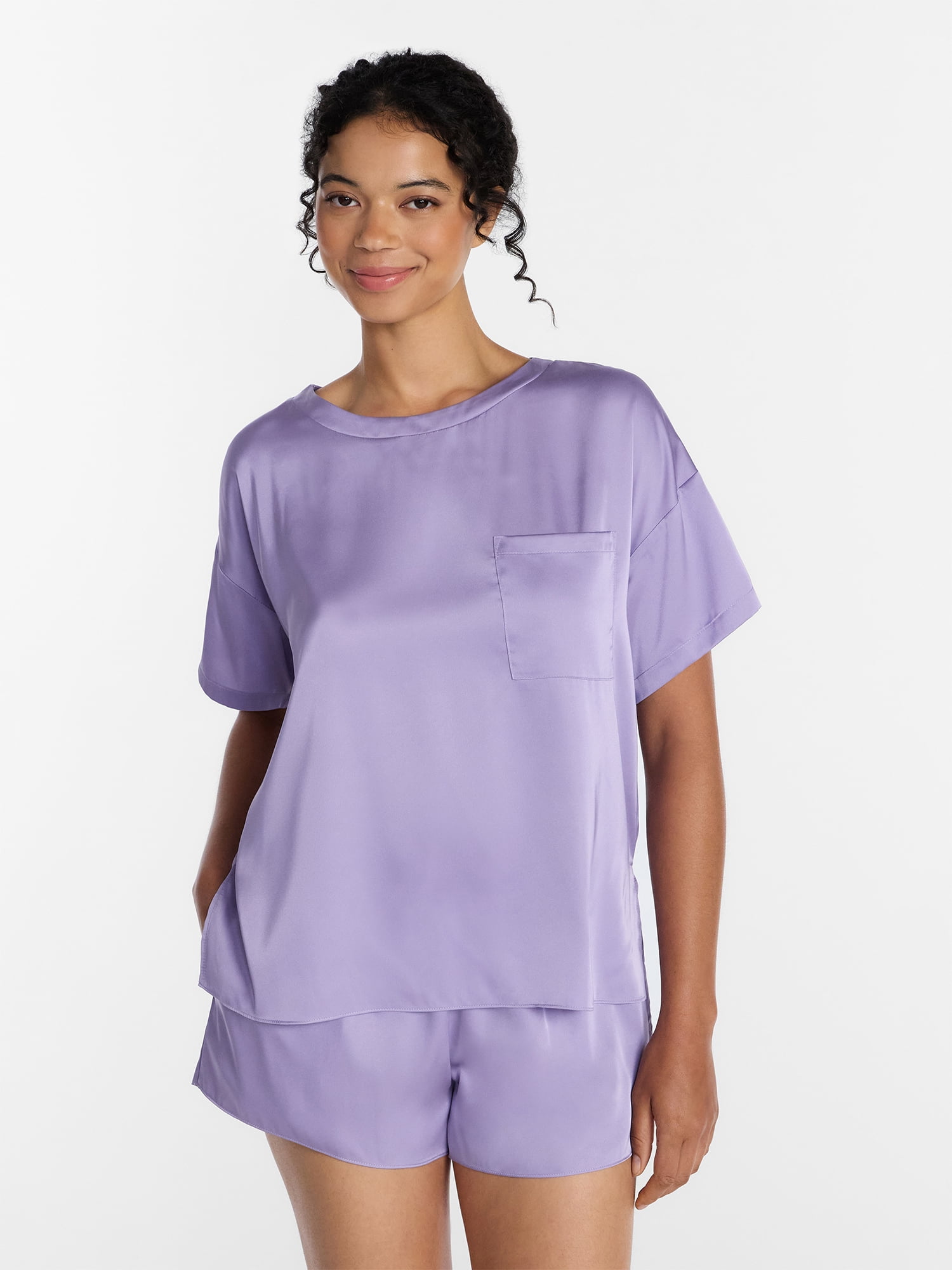 Joyspun Women’s Short Sleeve Stretch Satin Top and Shorts Pajama Set, 2-Piece, Sizes XS-3X