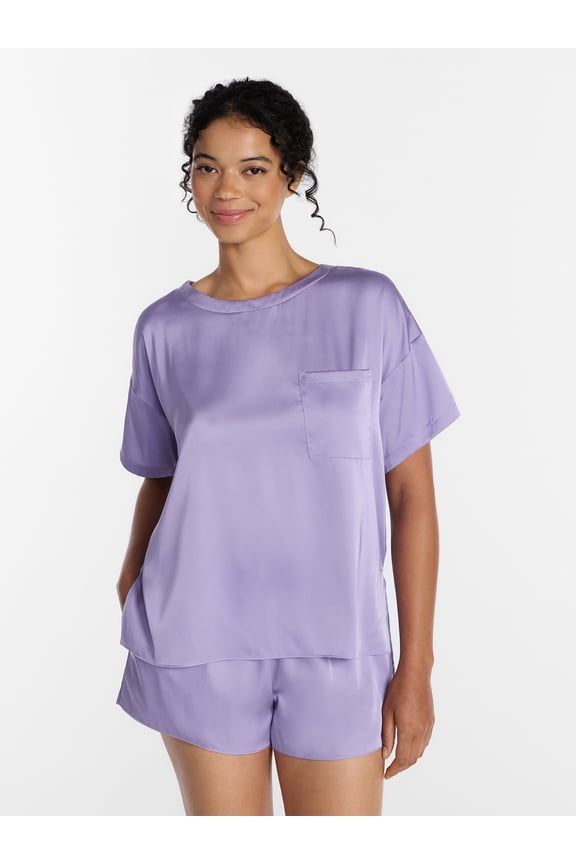 Women’s Short Sleeve Stretch Satin Top and Shorts Pajama Set, 2-Piece, Sizes XS-3X