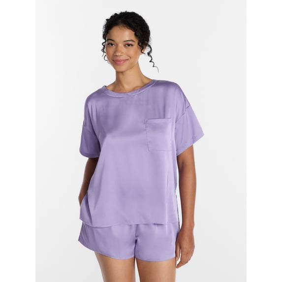 Joyspun Women’s Short Sleeve Stretch Satin Top and Shorts Pajama Set, 2-Piece, Sizes XS-3X