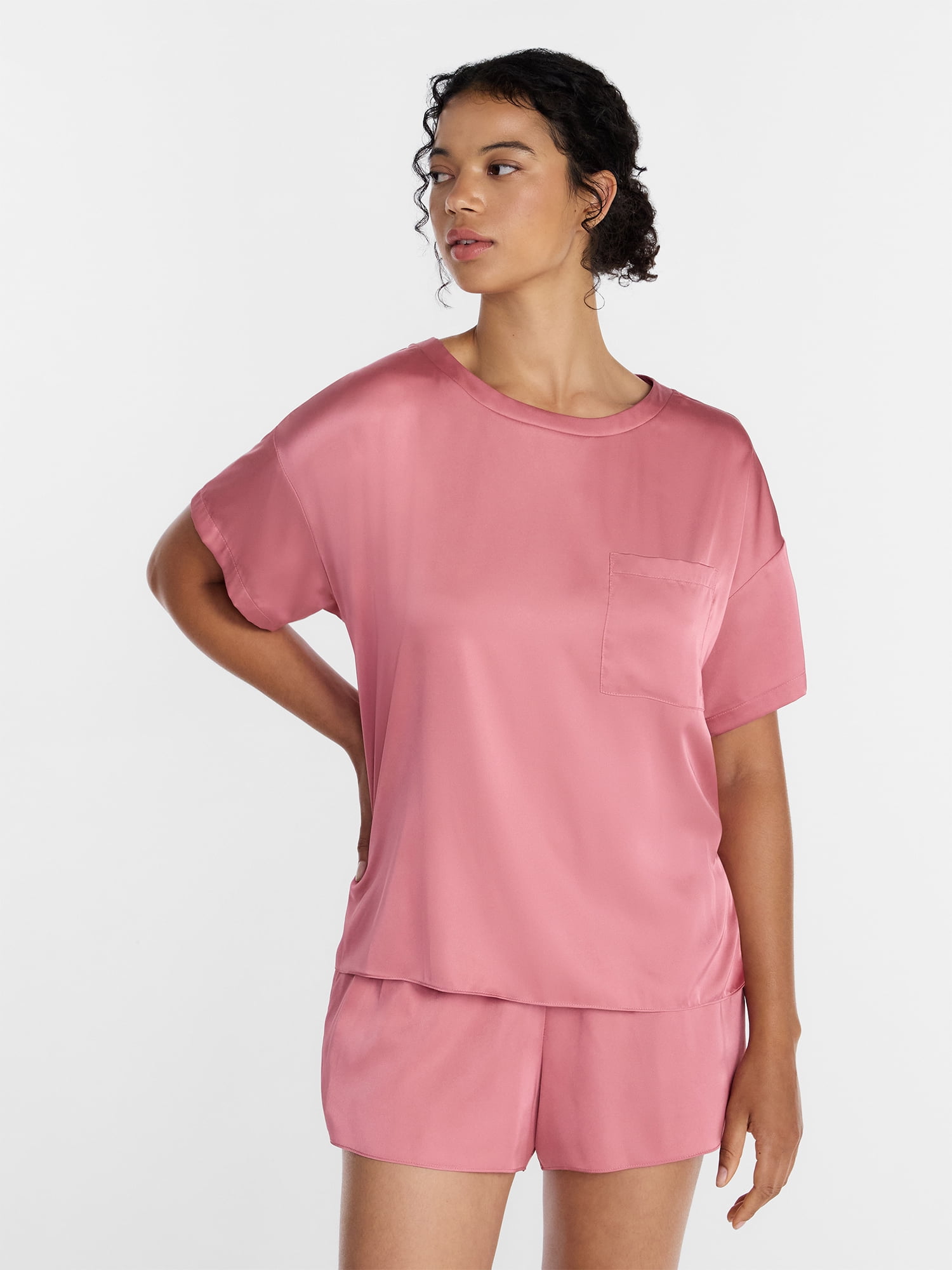 Joyspun Women’s Short Sleeve Stretch Satin Top and Shorts Pajama Set, 2-Piece, Sizes XS-3X