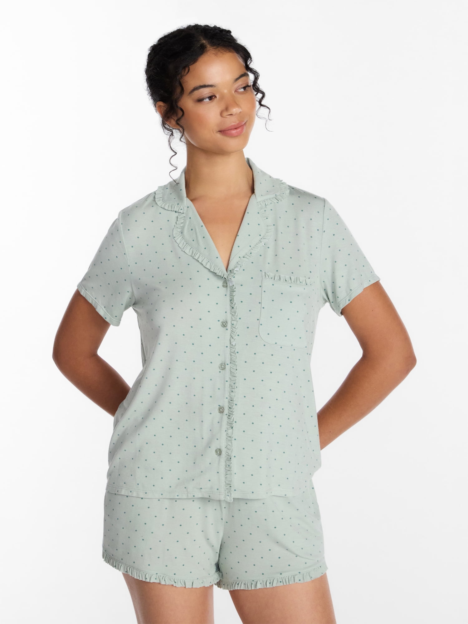 Joyspun Women’s Modal-Blend Ruffle Trim Notch Collar Top and Shorts Pajama Set, 2 Piece, Sizes XS-3X