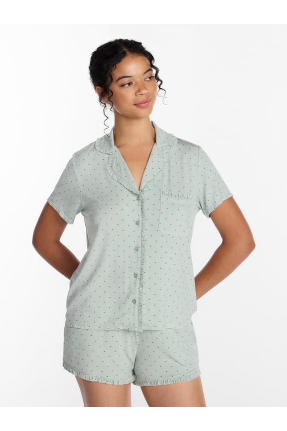 Women’s Modal-Blend Ruffle Trim Notch Collar Top and Shorts Pajama Set, 2 Piece, Sizes XS-3X