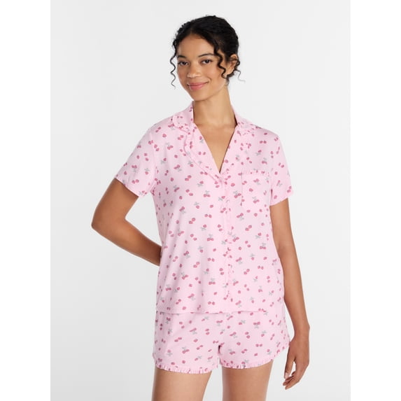 Joyspun Women’s Modal-Blend Ruffle Trim Notch Collar Top and Shorts Pajama Set, 2 Piece, Sizes XS-3X