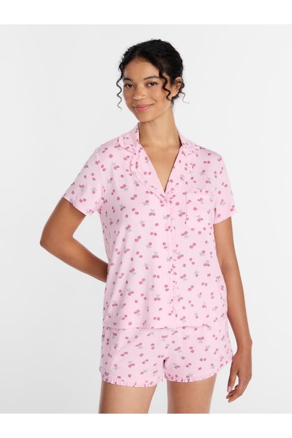 Women’s Modal-Blend Ruffle Trim Notch Collar Top and Shorts Pajama Set, 2 Piece, Sizes XS-3X