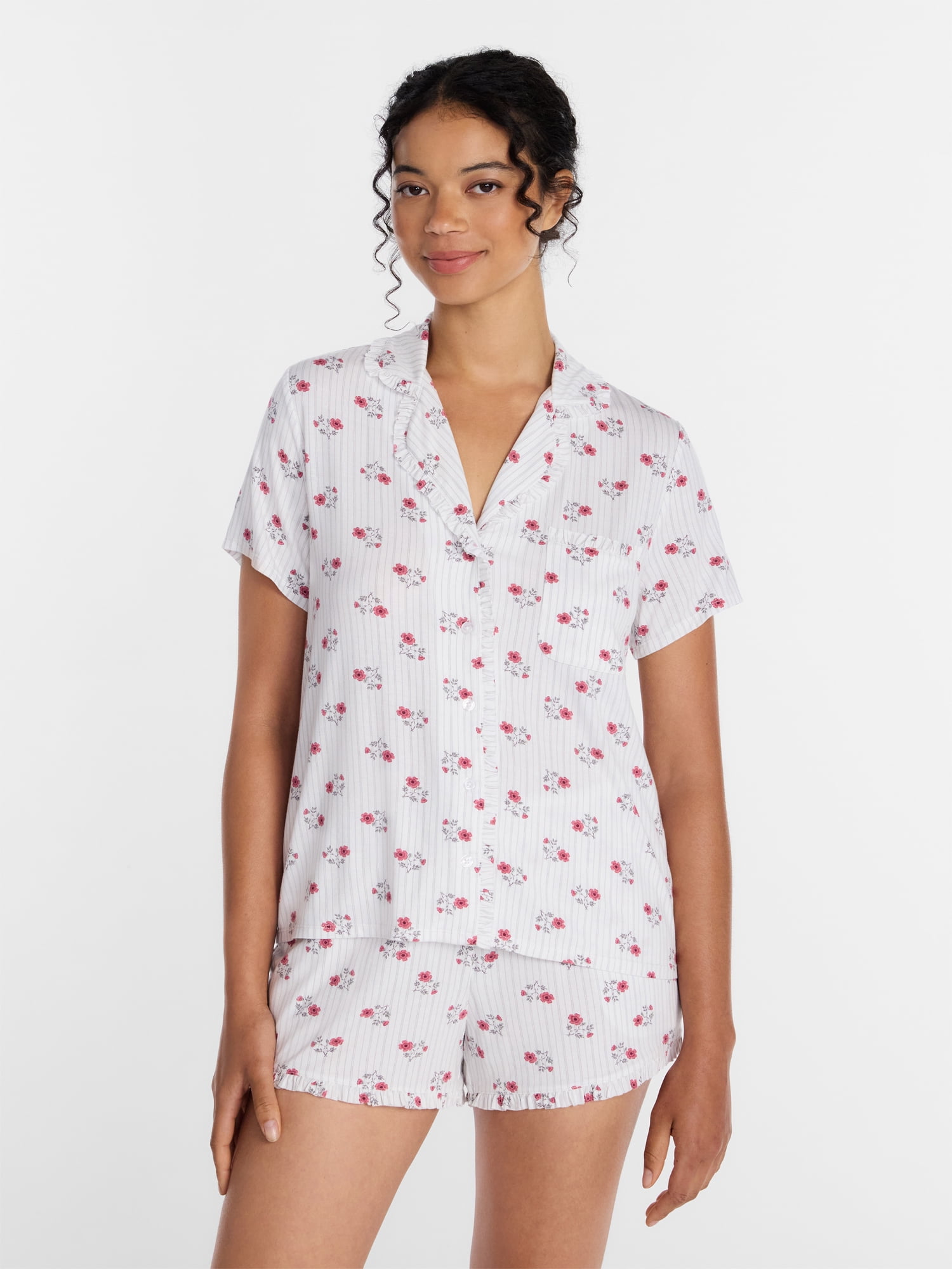 Joyspun Women’s Modal-Blend Ruffle Trim Notch Collar Top and Shorts Pajama Set, 2 Piece, Sizes XS-3X