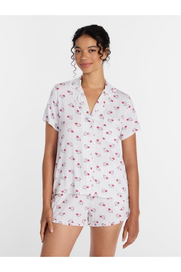 Women’s Modal-Blend Ruffle Trim Notch Collar Top and Shorts Pajama Set, 2 Piece, Sizes XS-3X