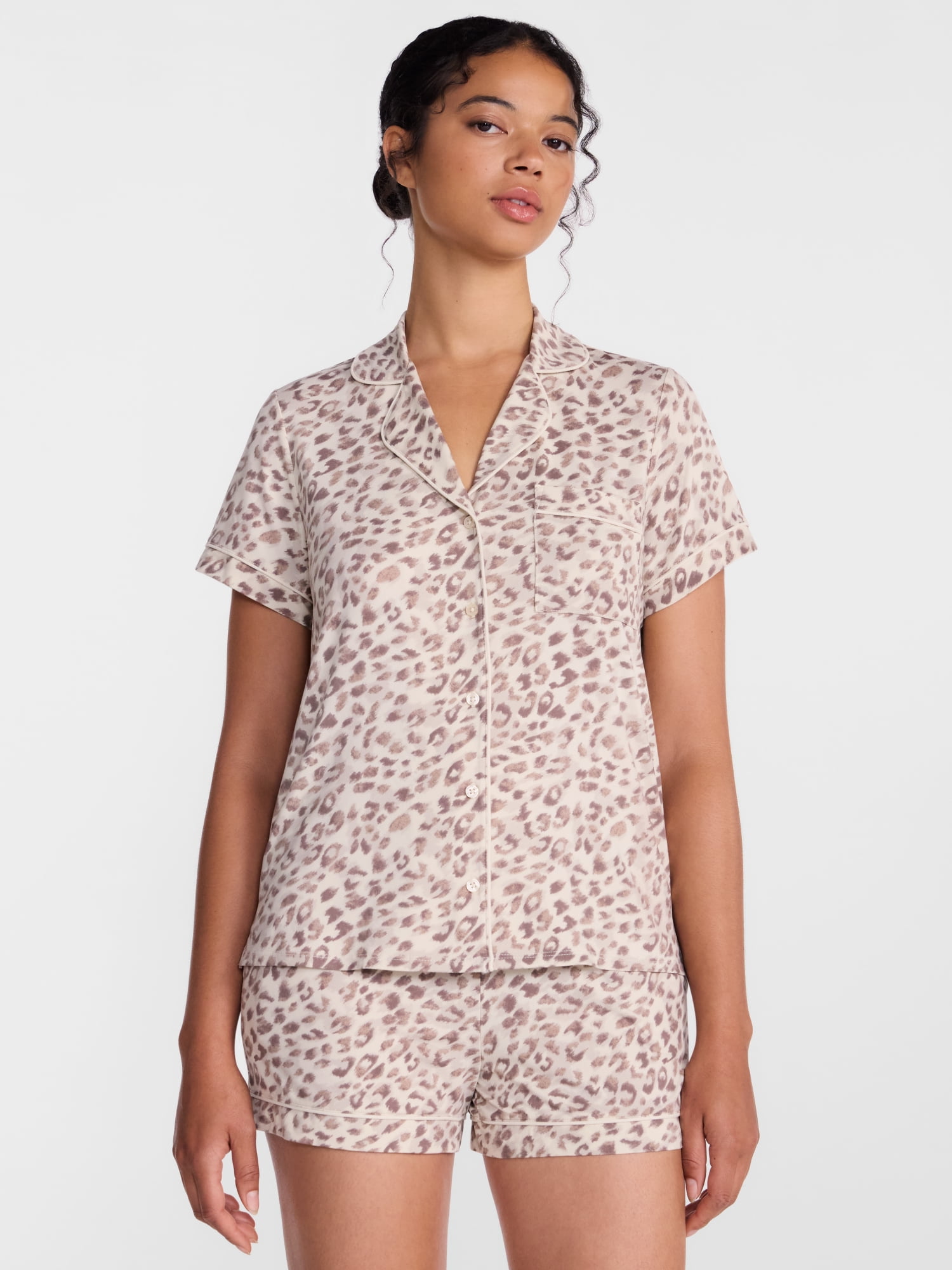 Joyspun Women’s Dreamy Soft Collection Notch Collar Knit Top and Boxer Shorts, 2-Piece Pajama Set, Sizes XS-3X