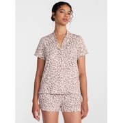 Joyspun Women s Dreamy Soft Collection Notch Collar Knit Top and Boxer Shorts, 2-Piece Pajama Set, Sizes XS-3X
