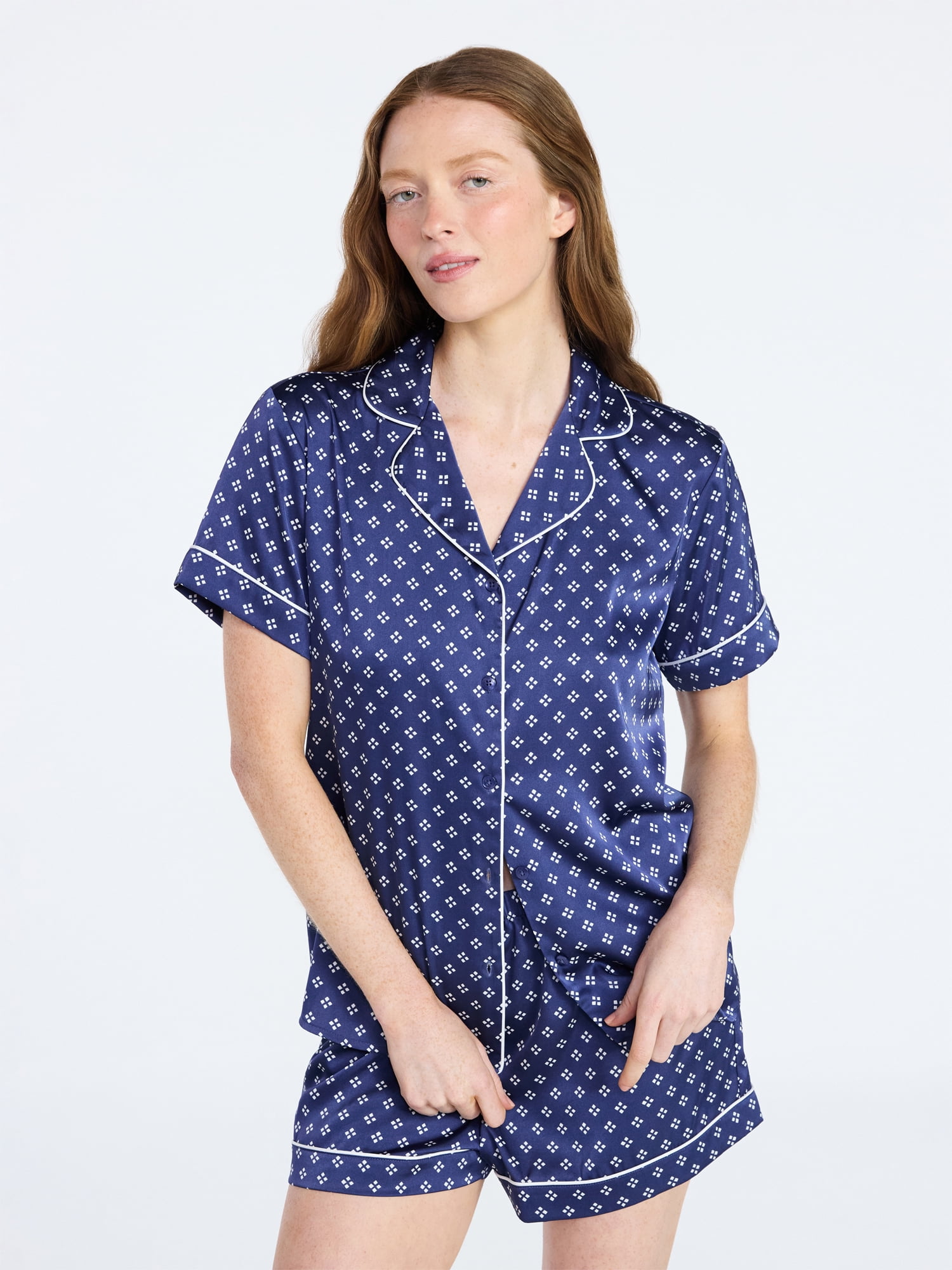 Joyspun Women’s Stretch Satin Short Sleeve Top and Shorts Pajama Set, Sizes XS-3X