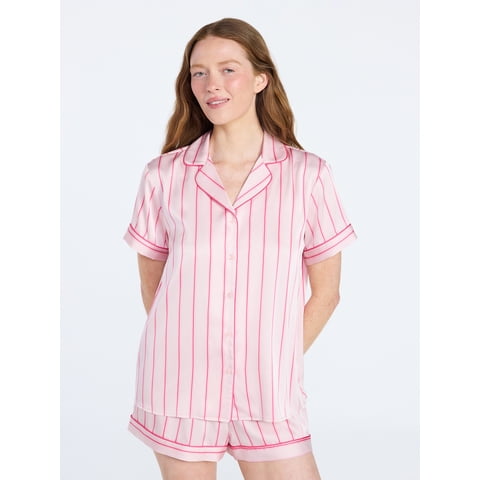 Women’s Stretch Satin Short Sleeve Top and Shorts Pajama Set, Sizes XS-3X