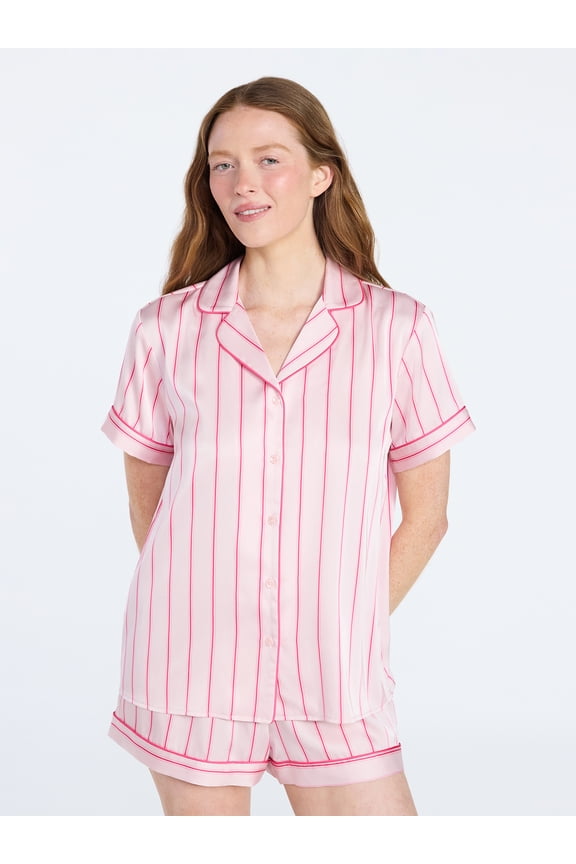 Women’s Stretch Satin Short Sleeve Top and Shorts Pajama Set, Sizes XS-3X