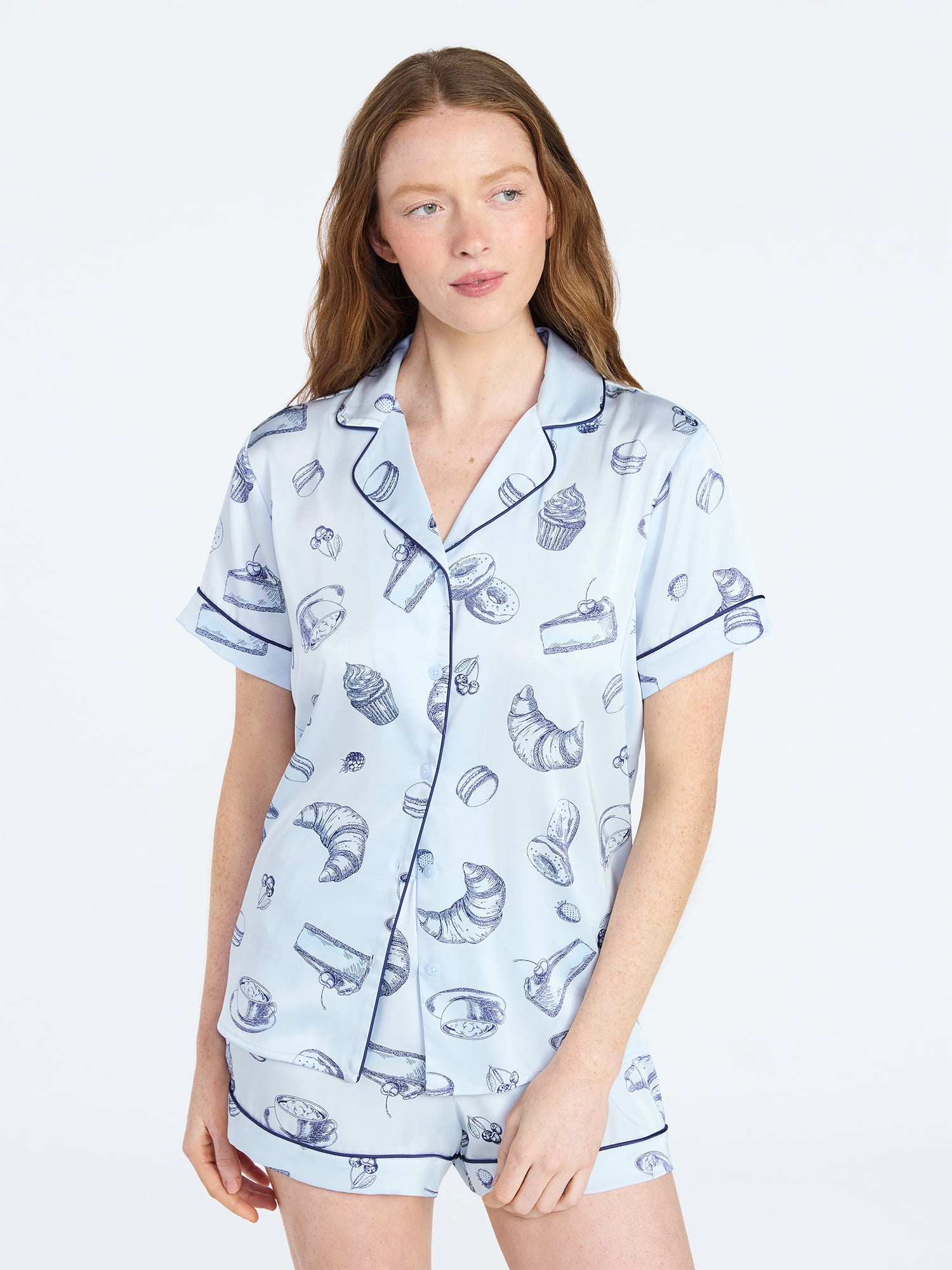 Joyspun Women’s Stretch Satin Short Sleeve Top and Shorts Pajama Set, Sizes XS-3X