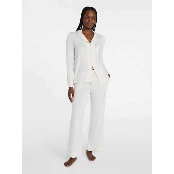 Joyspun Women’s Sleep Modal Long Sleeve Notch Top and Pants Pajama Set, Size XS-XL, 2X-3X