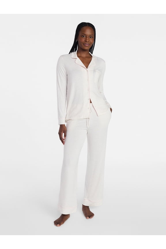 Women’s Sleep Modal Long Sleeve Notch Top and Pants Pajama Set, Size XS-XL, 2X-3X