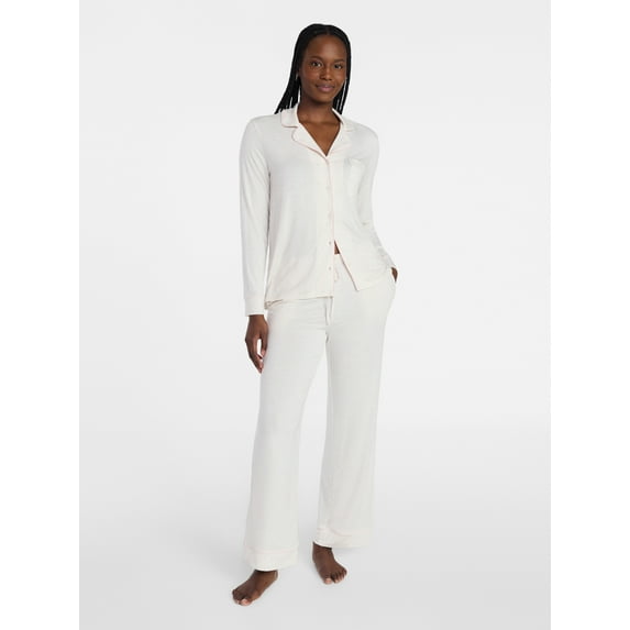 Joyspun Women’s Sleep Modal Long Sleeve Notch Top and Pants Pajama Set, Size XS-XL, 2X-3X