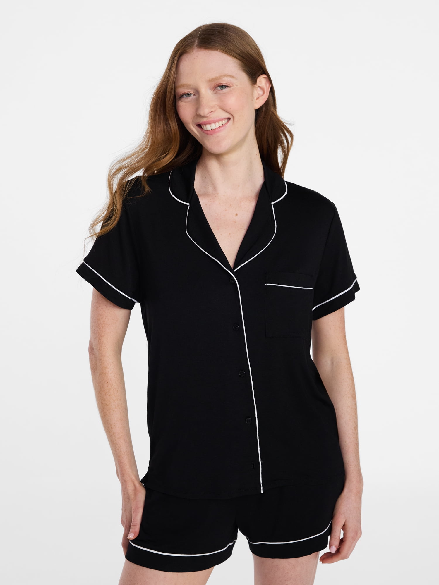 Joyspun Women’s Sleep Modal Short Sleeve Notch Top and Shorts Pajama Set, Size XS-XL, 2X-3X