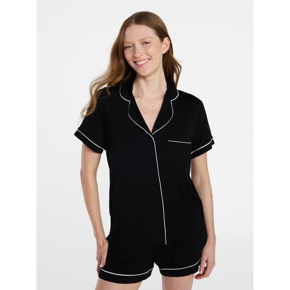 Joyspun Women’s Sleep Modal Short Sleeve Notch Top and Shorts Pajama Set, Size XS-XL, 2X-3X