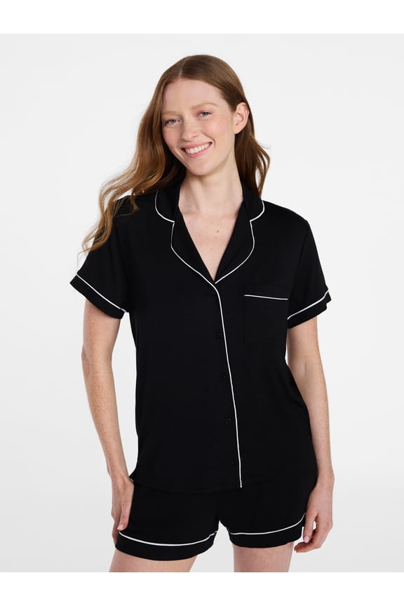 Women’s Sleep Modal Short Sleeve Notch Top and Shorts Pajama Set, Size XS-XL, 2X-3X