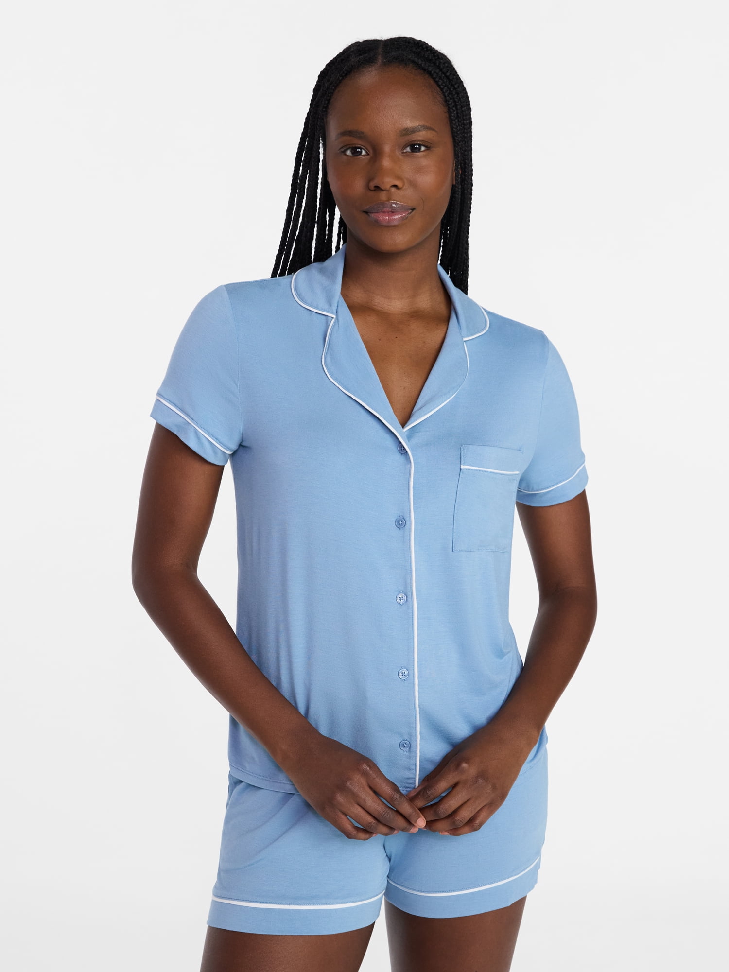 Joyspun Women’s Sleep Modal Short Sleeve Notch Top and Shorts Pajama Set, Size XS-XL, 2X-3X