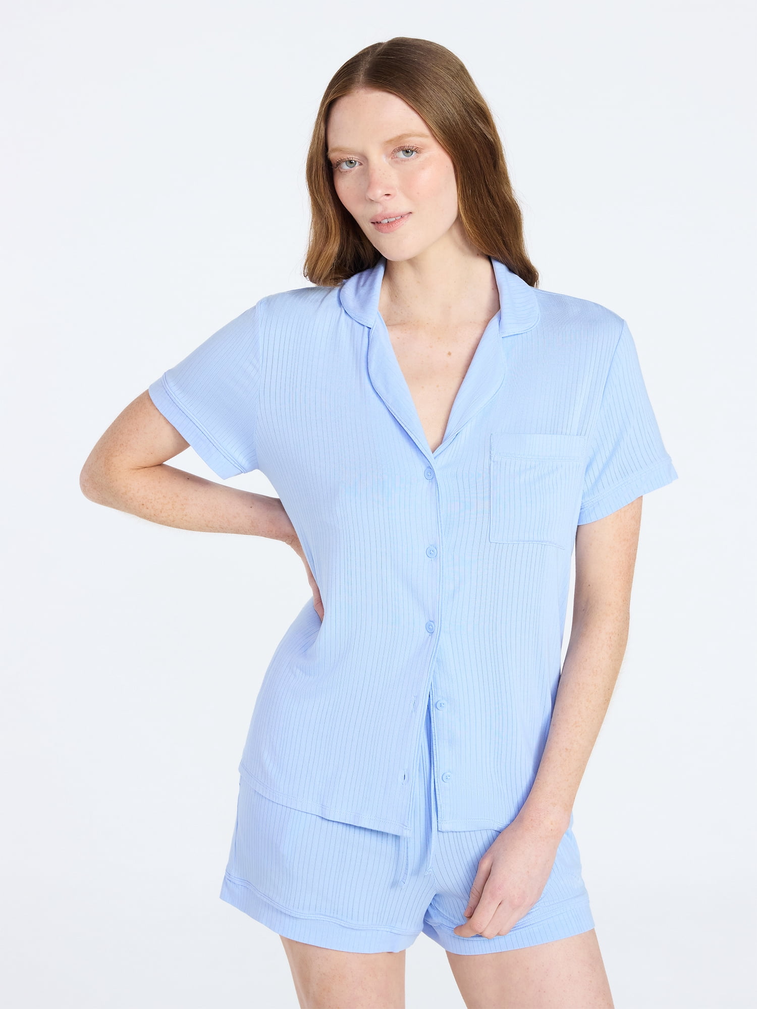Joyspun Women’s Sleep Ribbed Modal Notch Top and Shorts Set, 2-Piece, Size XS-XL, 2X-3X