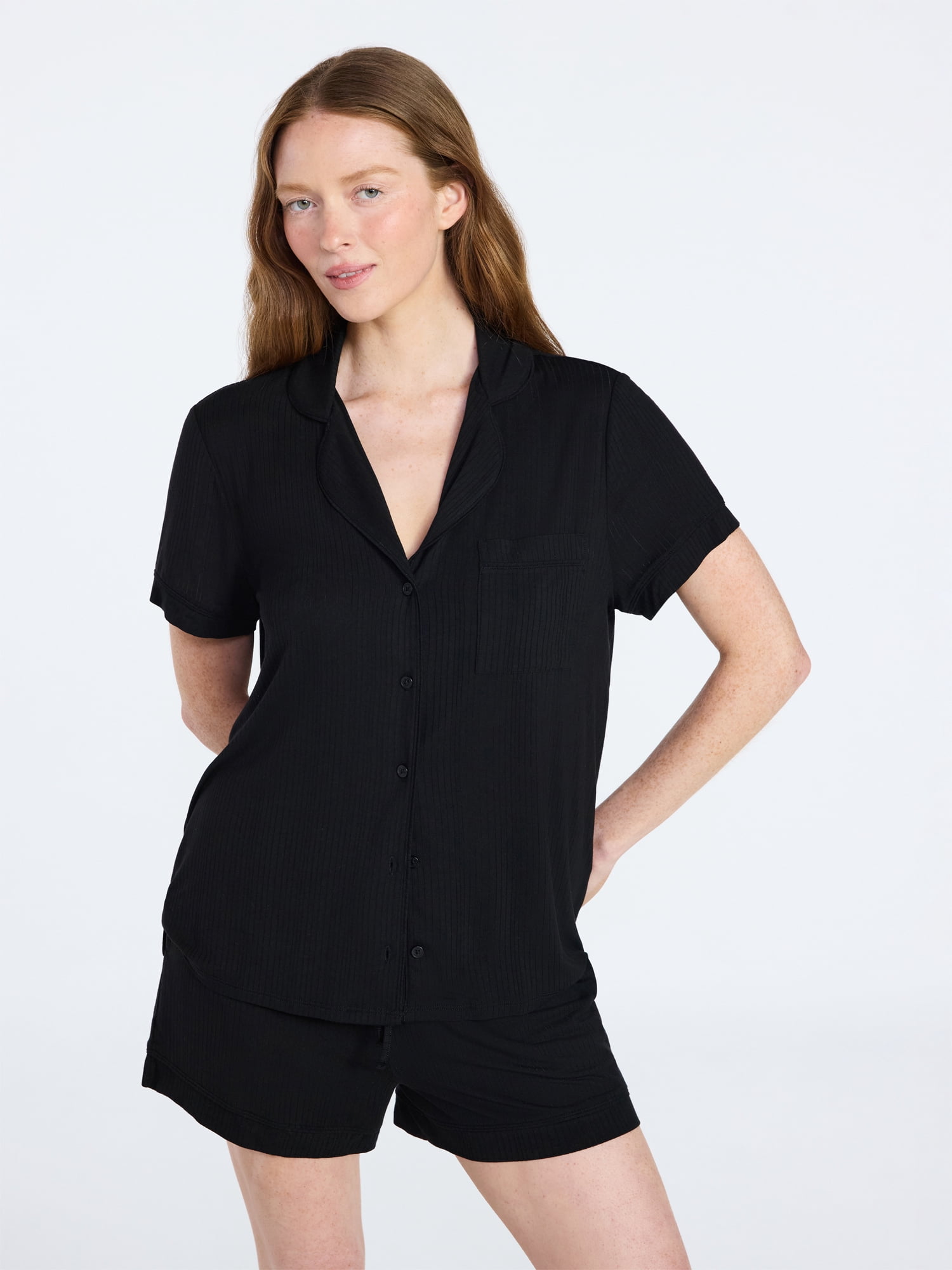 Joyspun Women’s Sleep Ribbed Modal Notch Top and Shorts Set, 2-Piece, Size XS-XL, 2X-3X