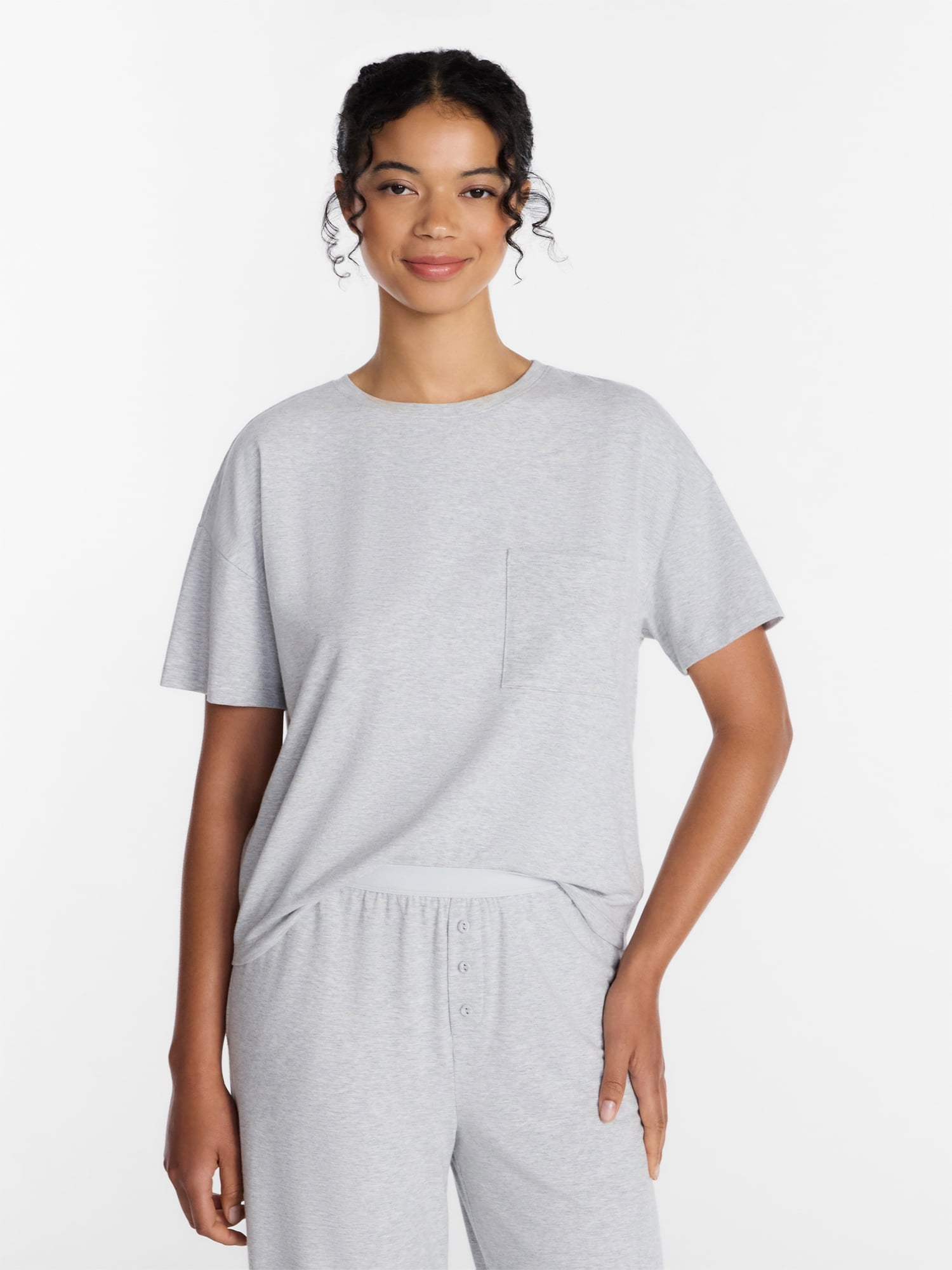 Joyspun Women’s Cotton-Blend Sleep Lounge Top with Short Sleeves, Sizes S-3X