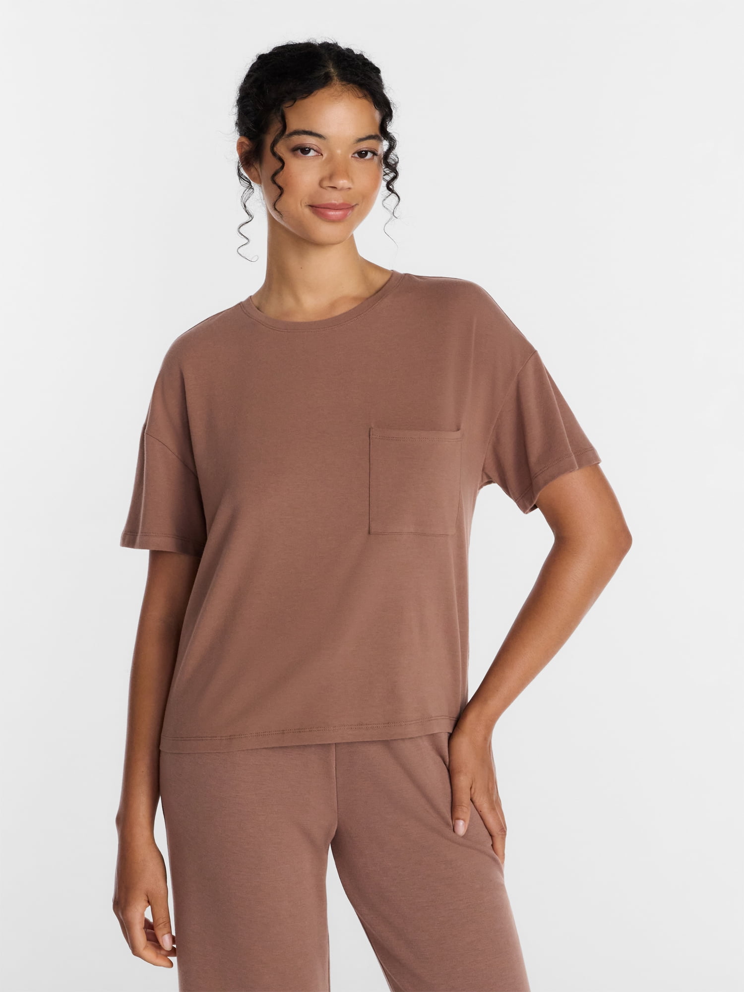 Joyspun Women’s Cotton-Blend Sleep Lounge Top with Short Sleeves, Sizes S-3X