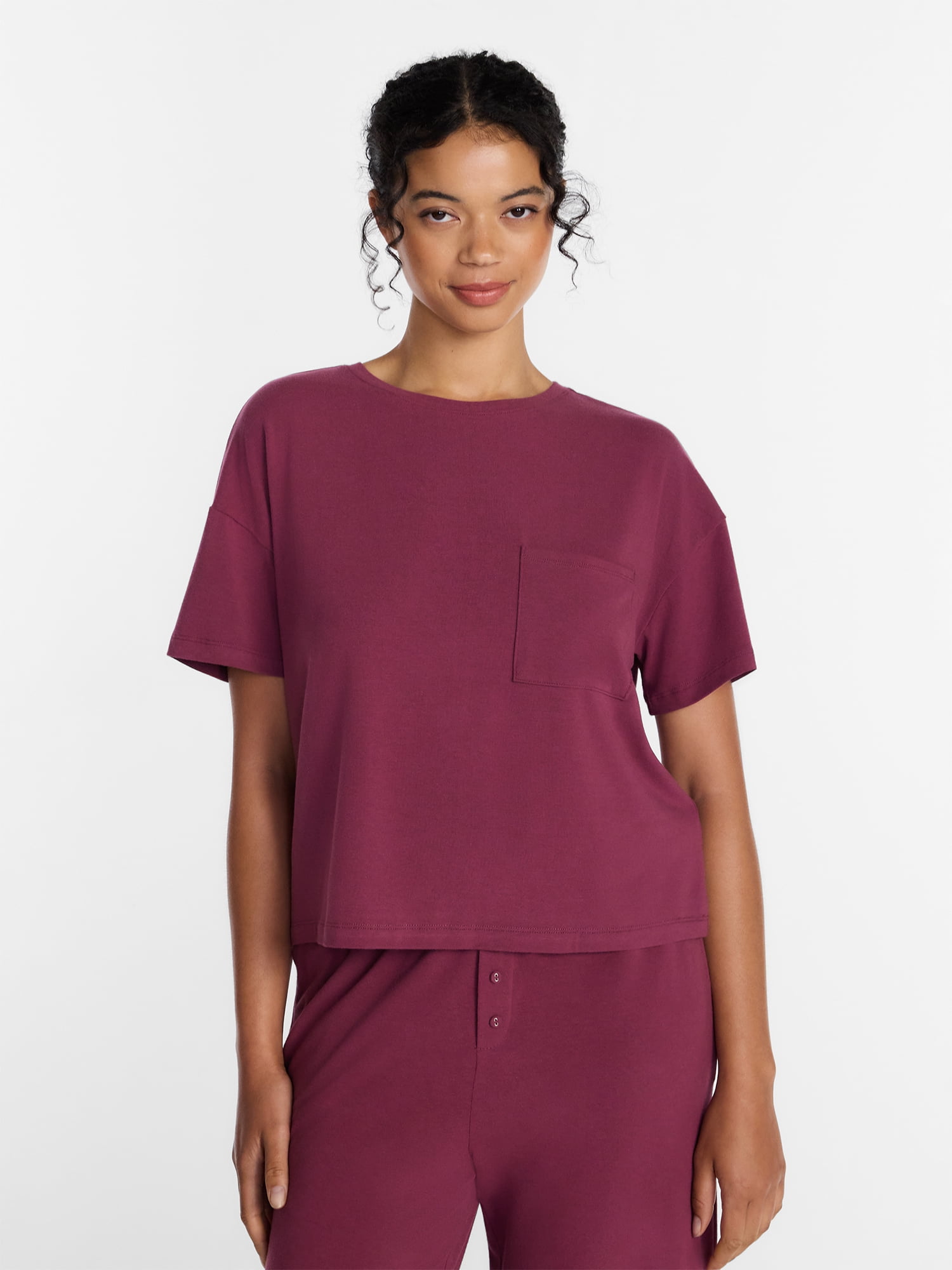 Joyspun Women’s Cotton-Blend Sleep Lounge Top with Short Sleeves, Sizes S-3X