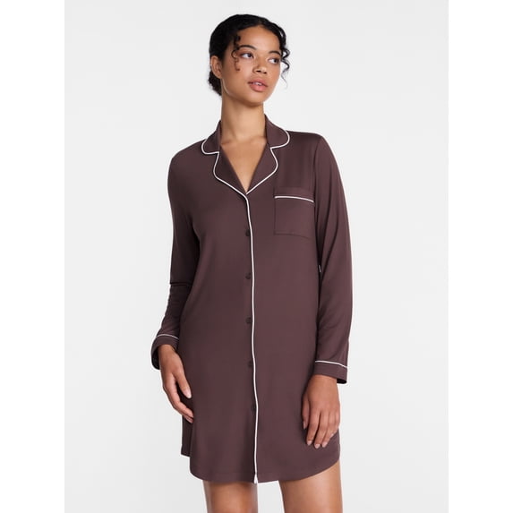 Joyspun Women's Dreamy Soft Collection Notch Collar Sleepshirt with Long Sleeves, Sizes XS-3X