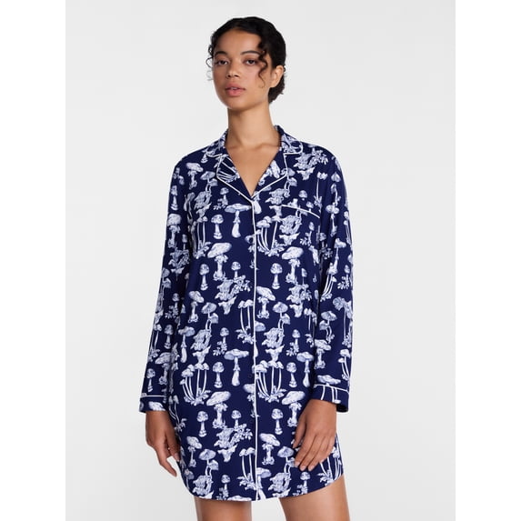 Joyspun Women's Dreamy Soft Collection Notch Collar Sleepshirt with Long Sleeves, Sizes XS-3X
